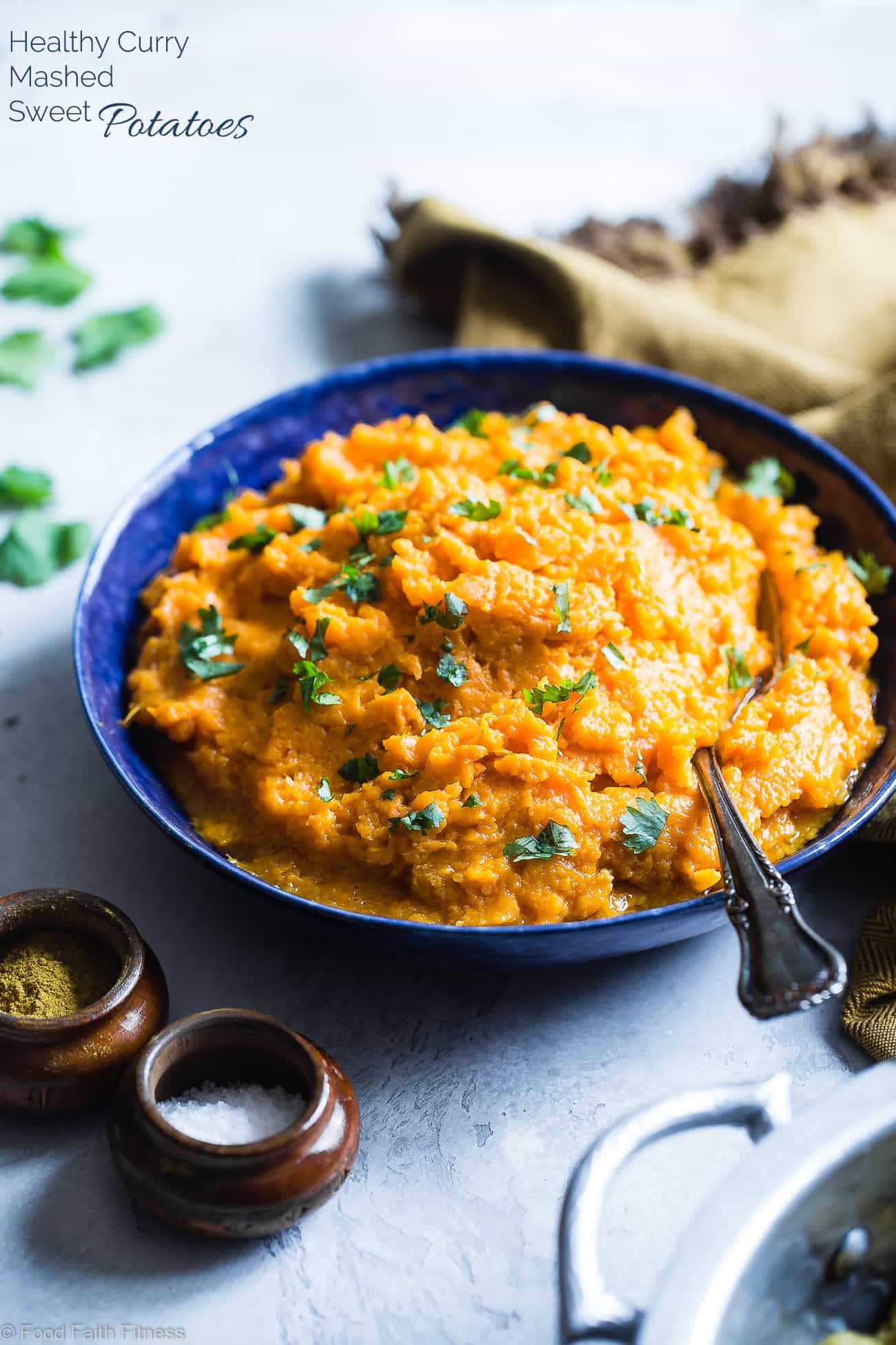 Coconut Curry Mashed Sweet Potatoes - A sweet and spicy spin on a holiday classic!  So creamy you will never believe they are dairy, grain and gluten free and paleo/vegan/whole30 compliant! | Foodfaithfitness.com | @FoodFaithFit