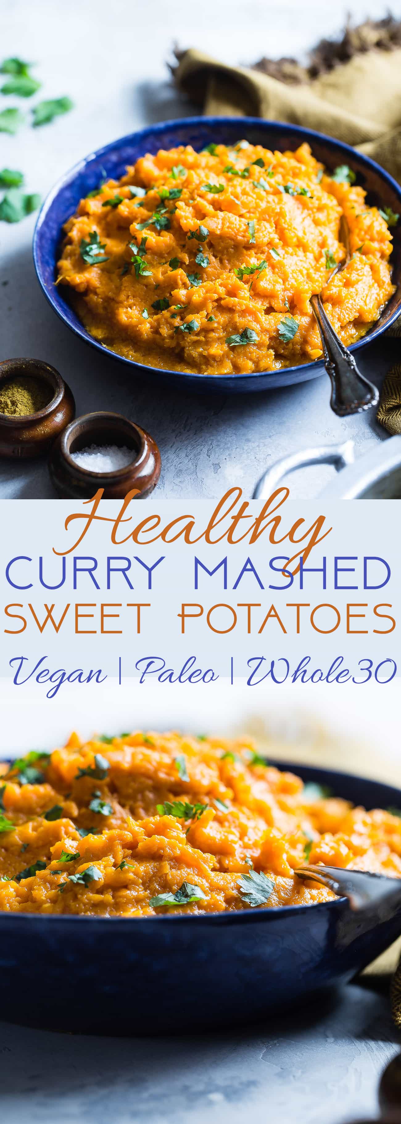 Coconut Curry Mashed Sweet Potatoes - A sweet and spicy spin on a holiday classic!  So creamy you will never believe they are dairy, grain and gluten free and paleo/vegan/whole30 compliant! | Foodfaithfitness.com | @FoodFaithFit | healthy mashed sweet potatoes. easy mashed sweet potatoes. healthy thanksgiving side dishes. vegan side dishes. paleo side dishes. whole30 side dishes. vegan mashed sweet potatoes. how to make mashed sweet potatoes. best mashed sweet potatoes. clean mashed sweet potatoes. whole30 mashed sweet potatoes.
