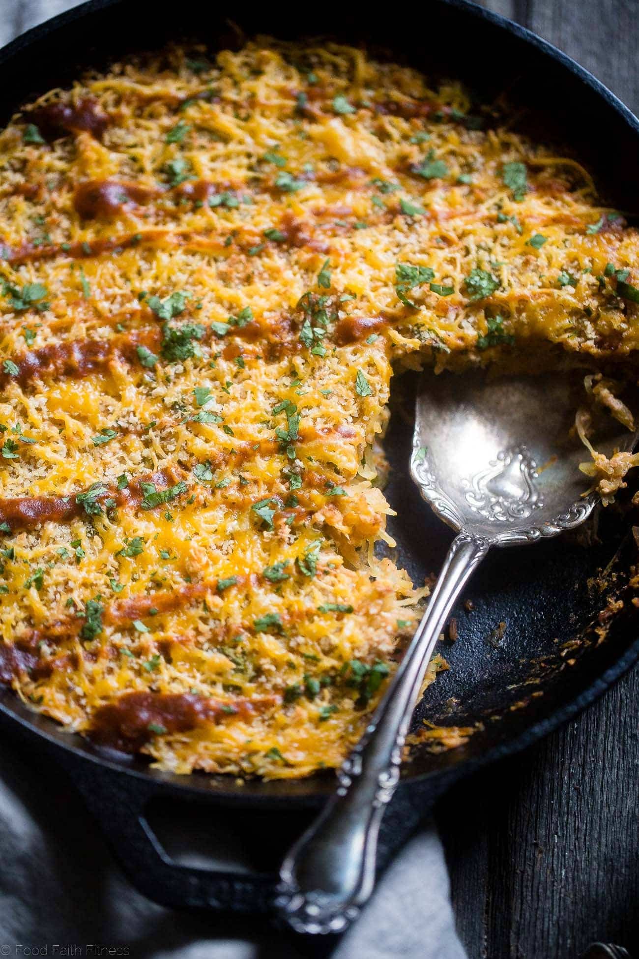 BBQ Baked Chicken Spaghetti Squash Casserole - This low carb, gluten free chicken spaghetti squash casserole is cheesy, flavorful and only 214 calories! It's a kid-friendly, weeknight meal that the whole family will love! | Foodfaithfitness.com | @FoodfaithFit
