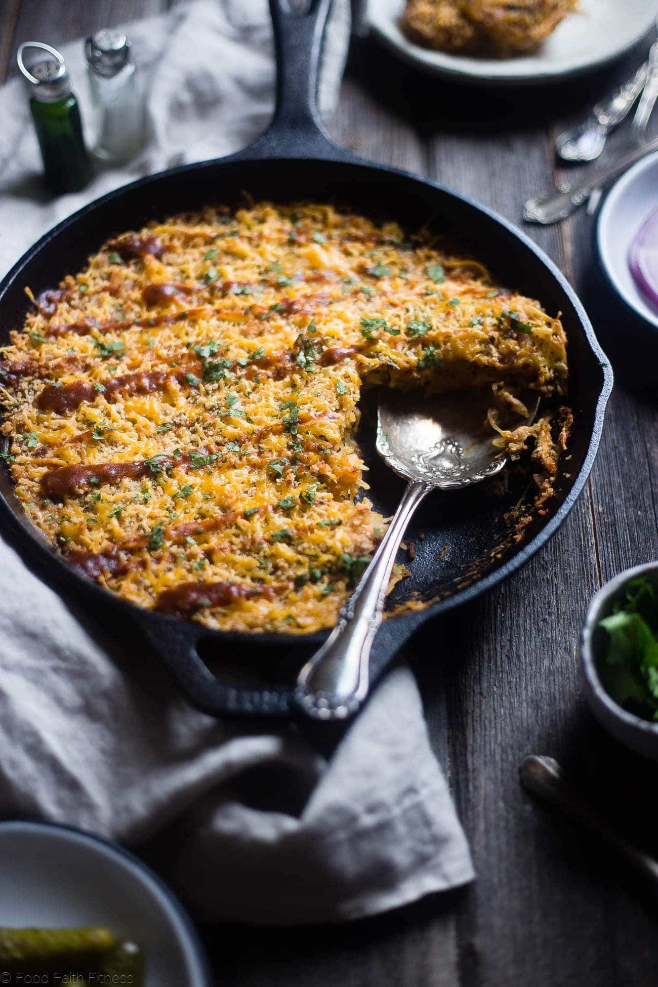 BBQ Baked Chicken Spaghetti Squash Casserole - This low carb, gluten free healthy spaghetti squash casserole is cheesy, flavorful and only 214 calories! It's a kid-friendly, weeknight meal that the whole family will love! | Foodfaithfitness.com | @FoodfaithFit