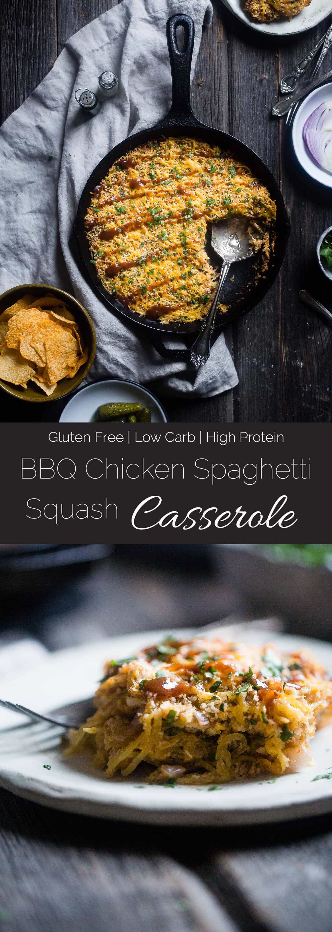 BBQ Baked Chicken Spaghetti Squash Casserole - This low carb, gluten free casserole is cheesy, flavorful and only 214 calories! It's a kid-friendly, weeknight meal that the whole family will love! | Foodfaithfitness.com | @FoodfaithFit |low carb spaghetti squash casserole. cheesy spaghetti squash casserole. baked spaghetti squash casserole. spaghetti squash casserole recipes. weight watchers spaghetti squash casserole. healthy spaghetti squash casserole. kid friendly dinners. healthy bbq chicken. Greek yogurt spaghetti squash casserole
