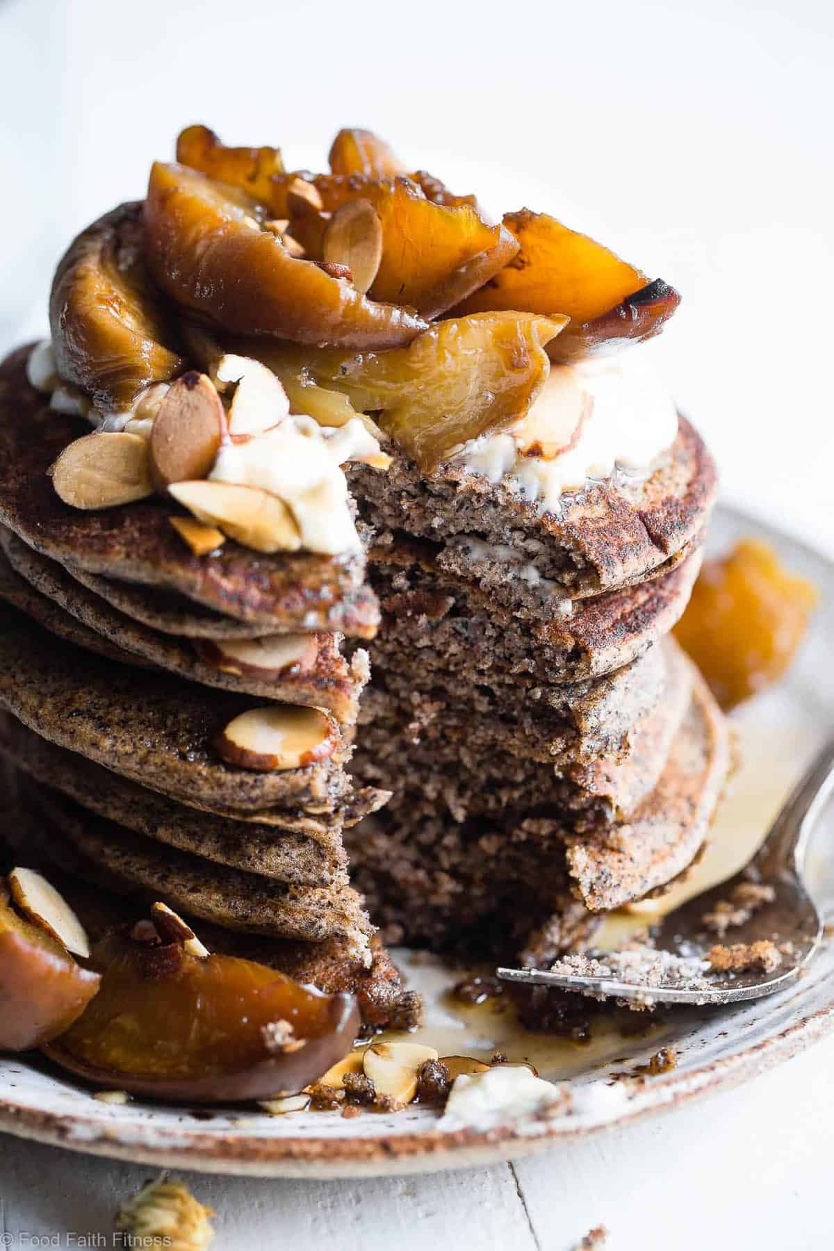 Healthy Gluten Free Buckwheat Pancakes with Roasted Peaches - SO light and fluffy that you'll never believe they're healthy, gluten free and only 170 calories a serving!  The perfect spring or summer brunch! | #Foodfaithfitness | #Glutenfree #DairyFree #Healthy #Breakfast #Pancakes