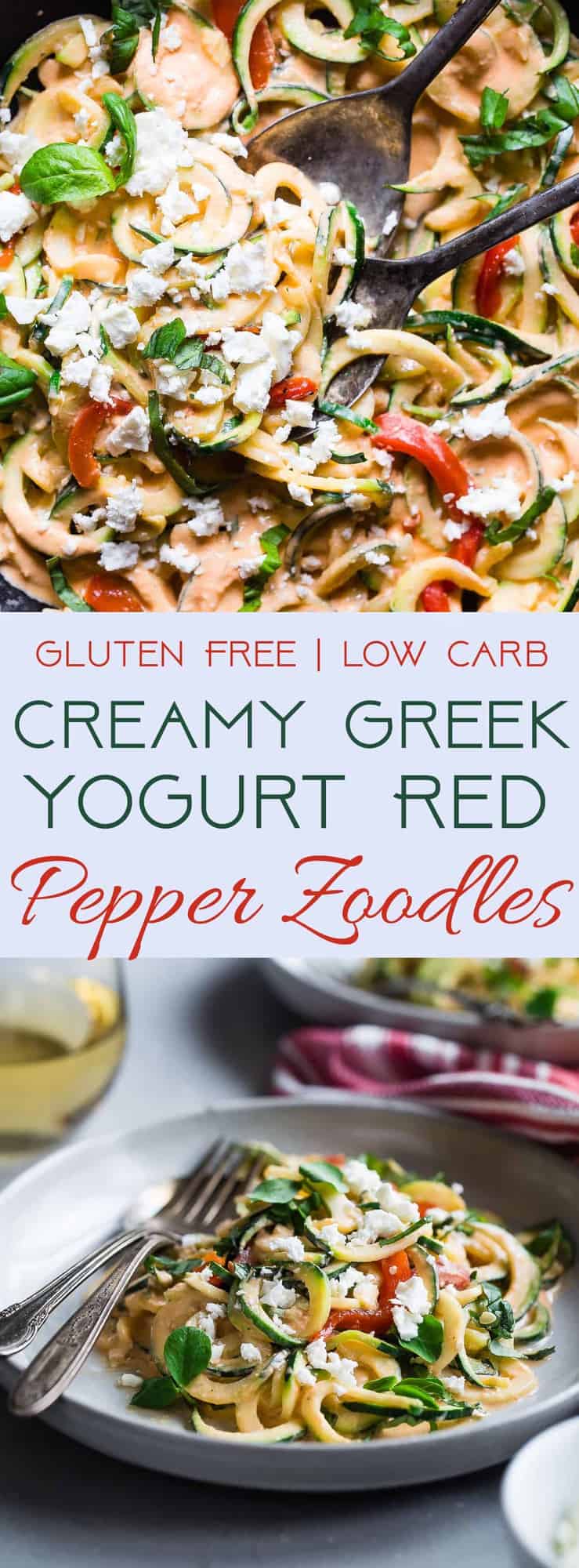 Zucchini Noodles with Roasted Red Pepper Greek Yogurt Sauce - zucchini noodles are covered with a creamy, low carb roasted red pepper sauce for an easy, protein packed, meatless dinner, that is under 300 calories and that the whole family will love! | #Foodfaithfitness | #Lowcarb #Glutenfree #Keto #Greekyogurt #ZucchiniNoodles