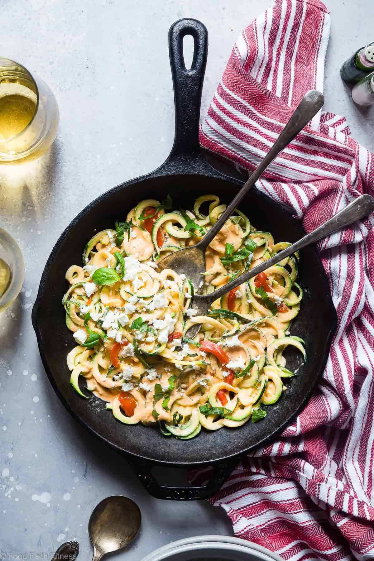 Zucchini Noodles with Greek Yogurt Roasted Red Pepper Pasta Sauce - zucchini noodles are covered with a creamy, low carb roasted red pepper sauce for an easy, protein packed, meatless dinner, that is under 300 calories and that the whole family will love! | #Foodfaithfitness | #Lowcarb #Glutenfree #Keto #Greekyogurt #ZucchiniNoodles