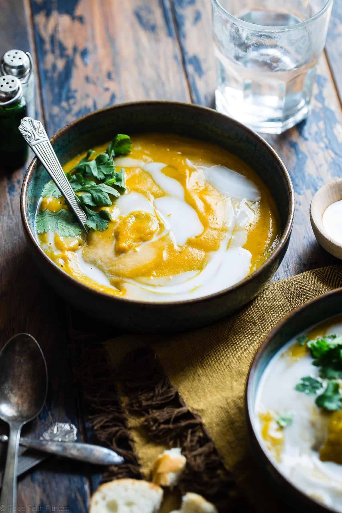 Paleo Butternut Squash Soup in a bowl with spoon