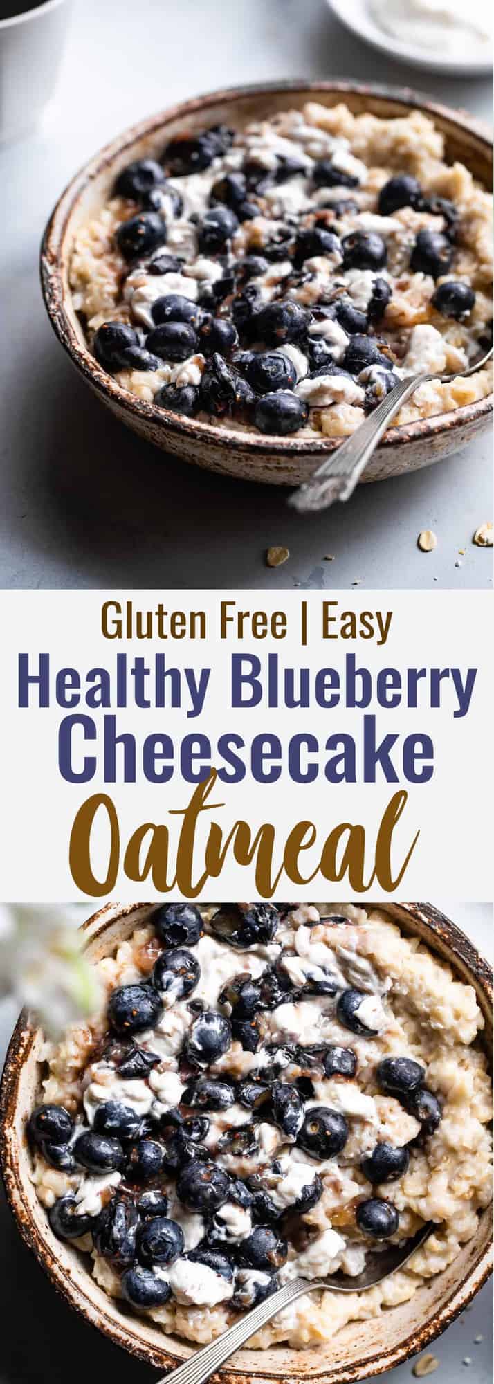Blueberry Cheesecake Oatmeal - This quick and easy Blueberry Oatmeal with Cheesecake Swirl is a healthy, low fat and gluten free breakfast that tastes like waking up to cheesecake! | #Foodfaithfitness | #Glutenfree #healthy #breakfast #oatmeal #sugarfree