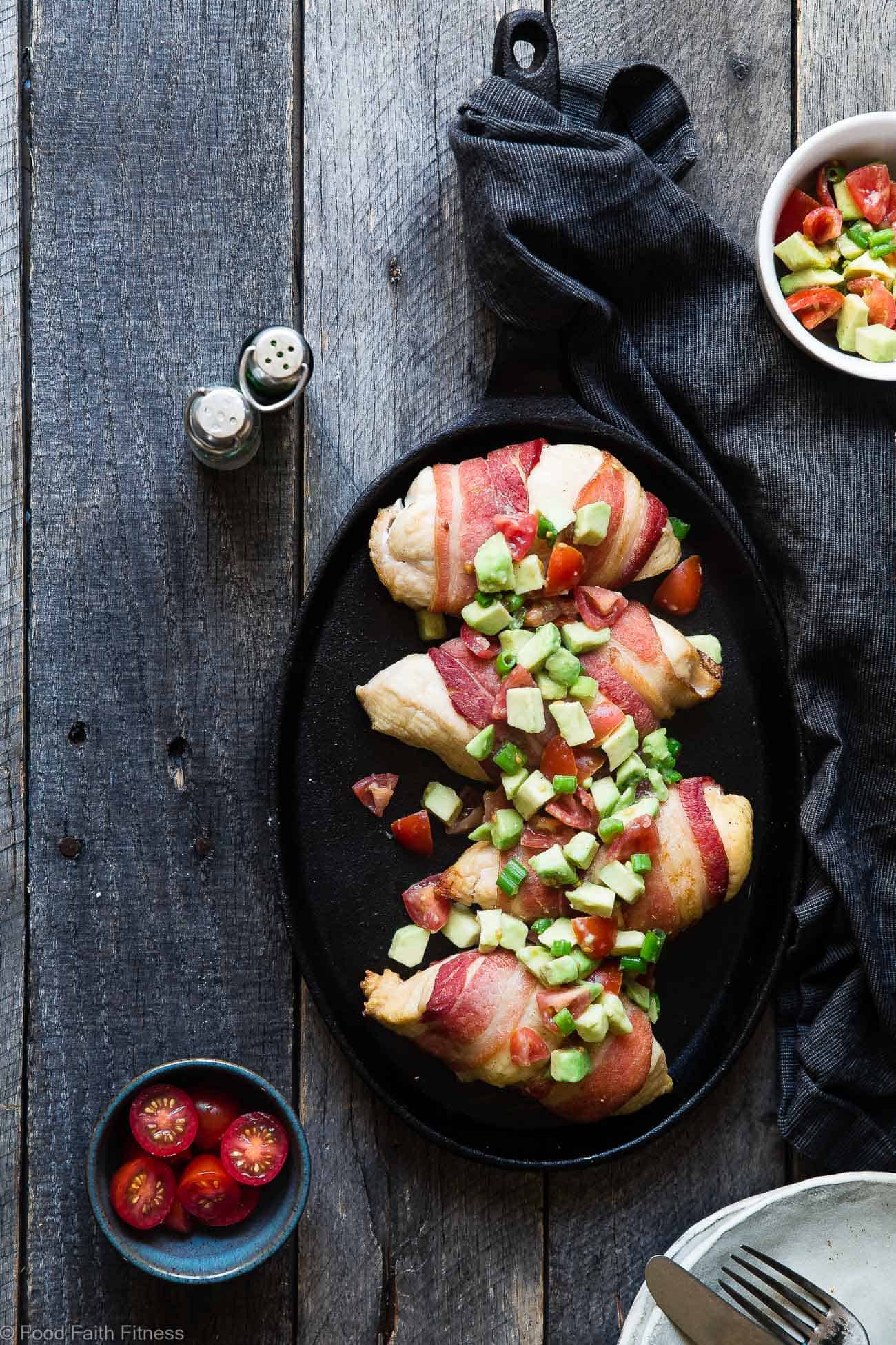 Whole30 Oven Baked Bacon Wrapped Chicken Breast - This chicken wrapped in bacon has a CREAMY, addicting avocado salsa, this is one quick and easy, kid friendly dinner that's paleo, keto and whole30 compliant! | Foodfaithfitness.com | @FoodFaithFit