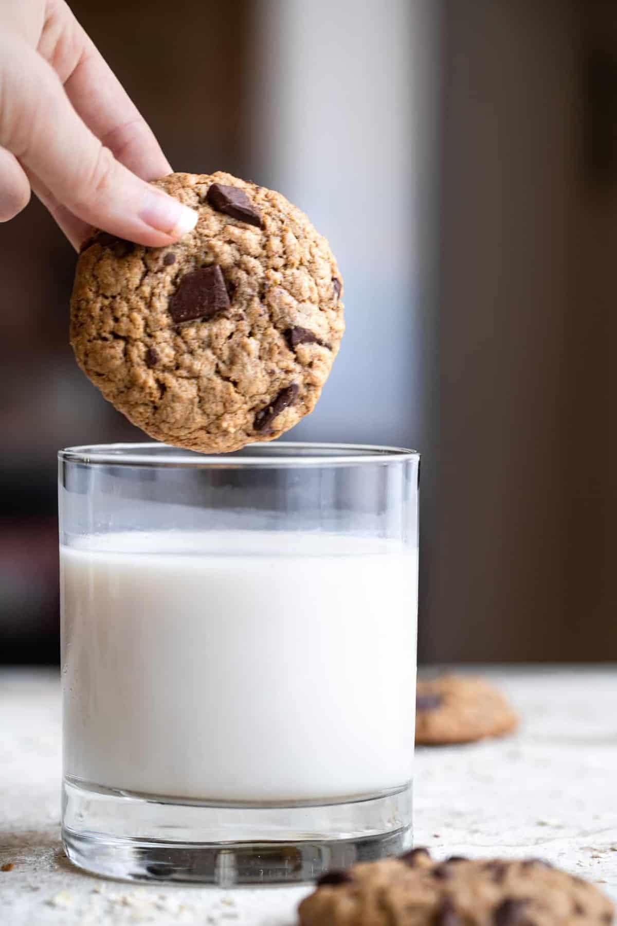 dunking brown butter oatmeal cookies in milk