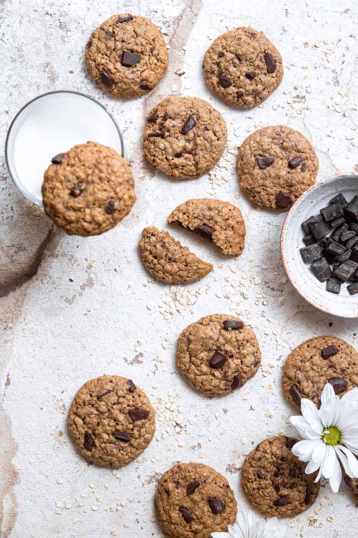 overhead of brown butter oatmeal cookies on a table