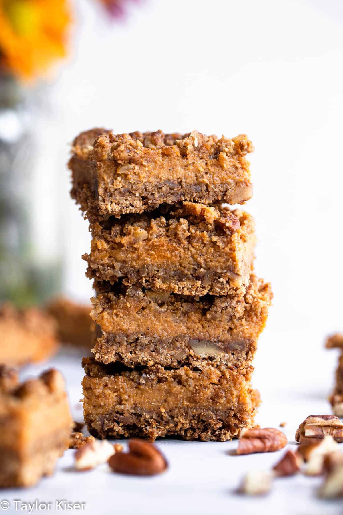a stack of dairy free sweet potato pie bars on a table