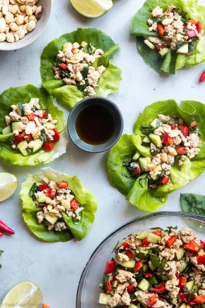 Low Carb Chicken Larb Thai Lettuce Wraps - An easy, healthy twist on a classic Thai salad! They're low carb, paleo friendly and super easy to make! Great for quick weeknight dinners! | #Foodfaithfitness | #glutenfree #lowcarb #paleo #healthy #Thai