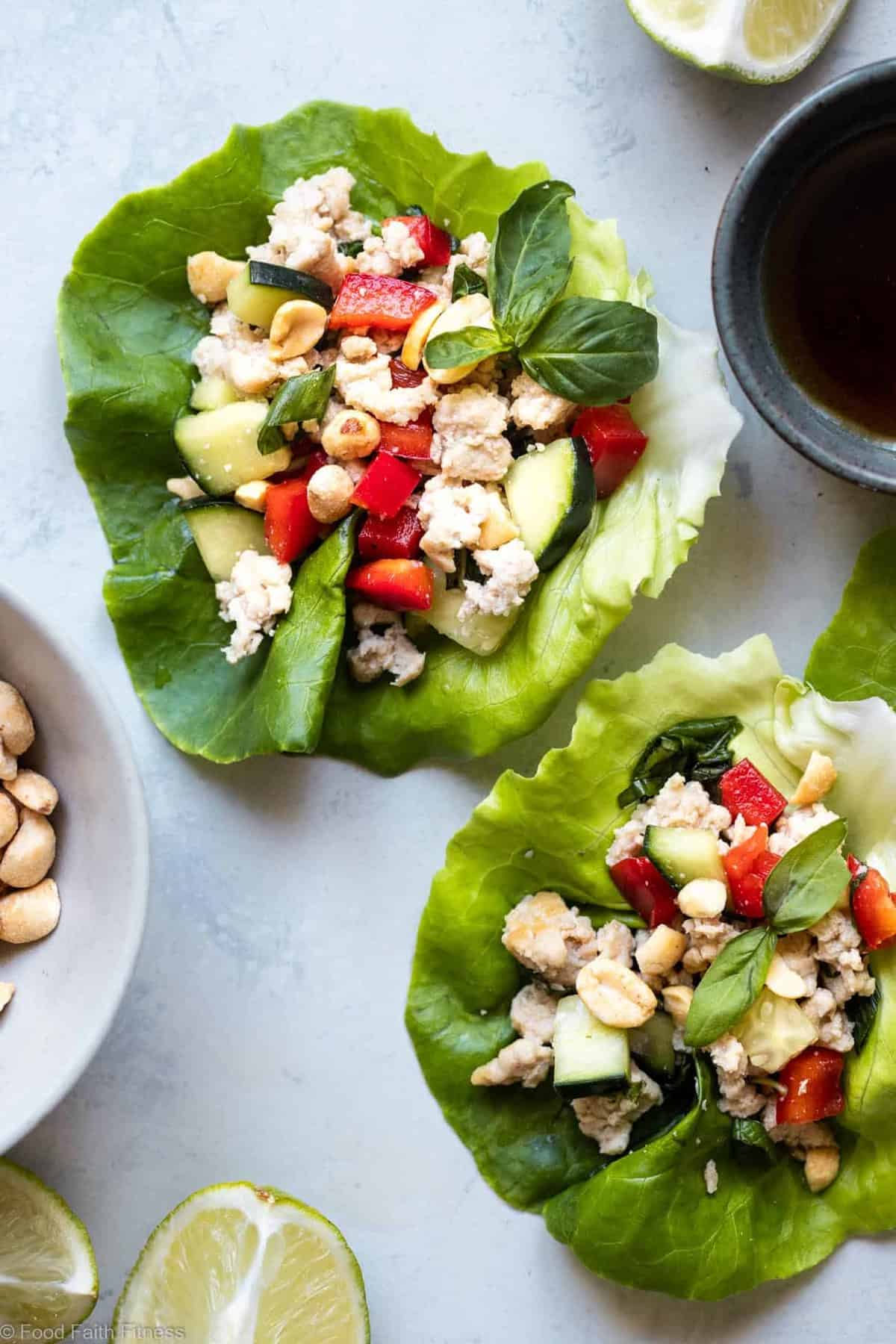 Low Carb Chicken Larb Gai Lettuce Wraps - An easy, healthy twist on a classic Thai salad! They're low carb, paleo friendly and super easy to make! Great for quick weeknight dinners! | #Foodfaithfitness | #glutenfree #lowcarb #paleo #healthy #Thai