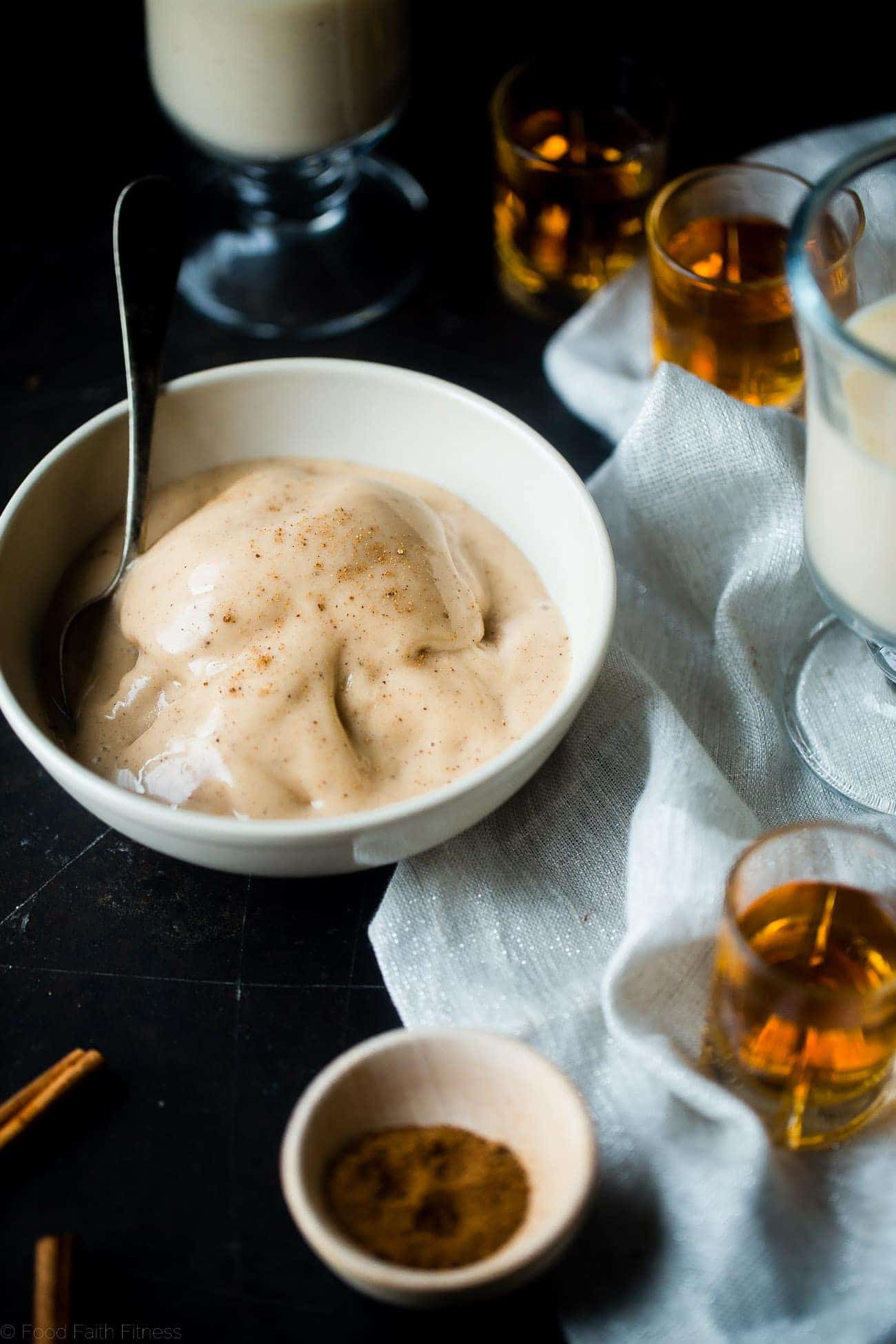 Vegan Rum and "Egg Nog" Ice Cream - This creamy, coconut milk ice cream tastes like frosty version of drinking a rum and eggnog...without the dairy or eggs! It's a healthy treat for the holidays! | Foodfaithfitness.com | @FoodFaithFit