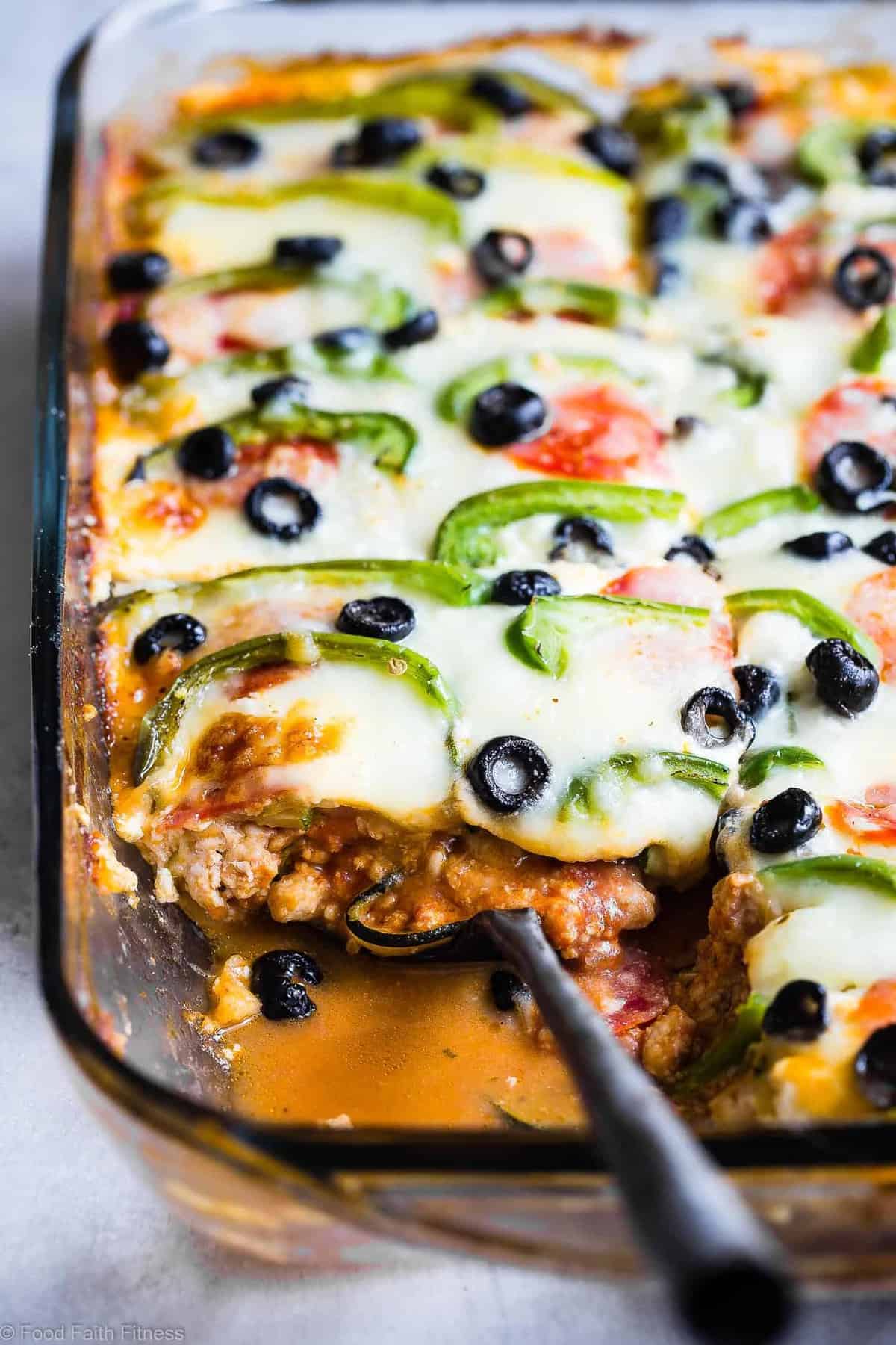 Pizza Low Carb Lasagna with Zucchini Noodles - This zucchini lasagna combines 2 classic comfort foods into one healthy and kid friendly dinner! Gluten free, under 300 calories and packed with protein too! | #Foodfaithfitness.com | #Glutenfree #Lowcarb #Healthy #KidFriendly #Lasagna
