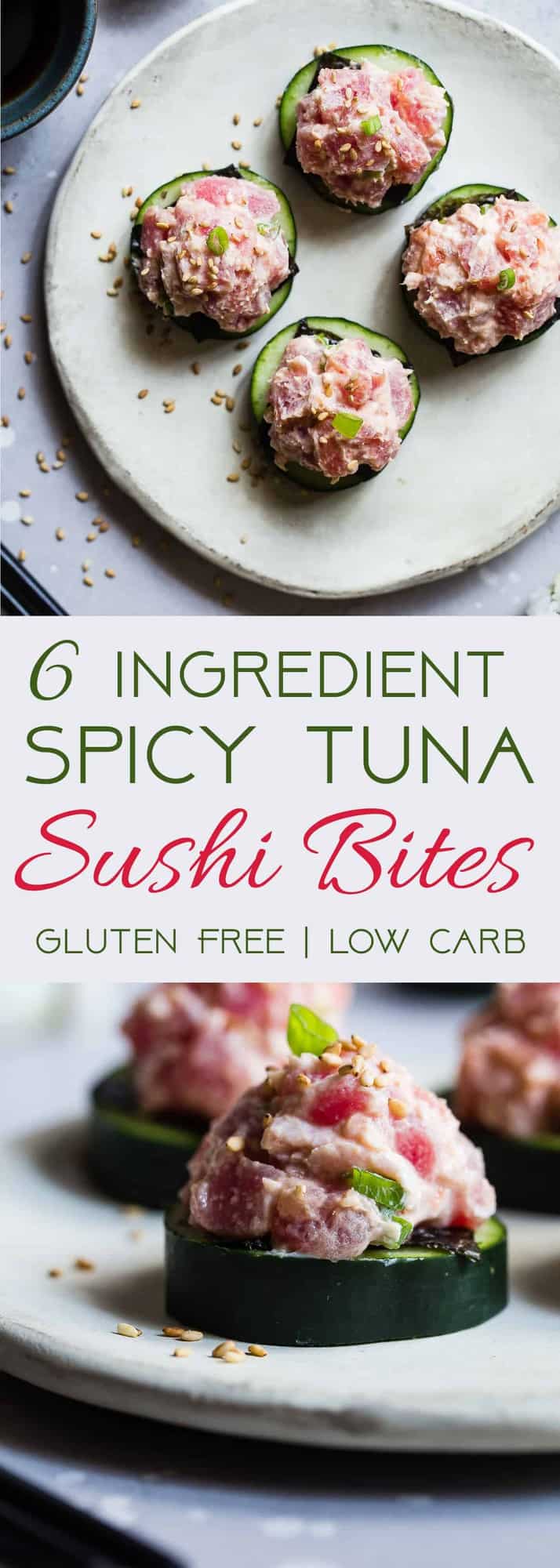 Low Carb Spicy Tuna Bites -  These quick and easy, 6 ingredient spicy tuna bites are a healthier spin on the classic spicy tuna roll that has all the taste without the fat or carbs. Perfect for a light lunch with 0 Freestyle Smartpoints! | #Foodfaithfitness | #Lowcarb #Glutenfree #Healthy #Greekyogurt #Keto