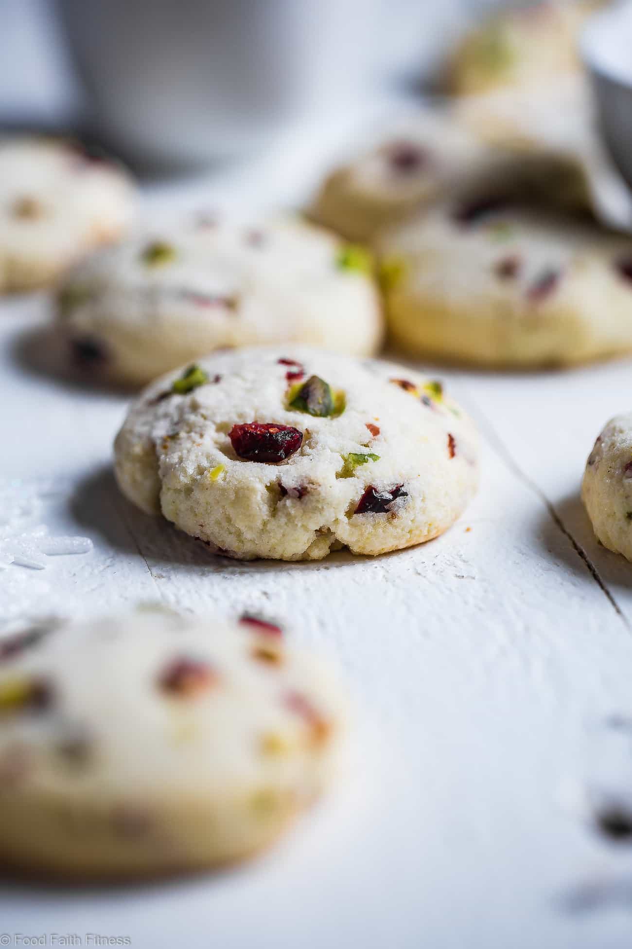 Gluten Free Sugar Free Sugar Cookies - These quick and easy, CHEWY sugarless cookies have tangy and crunchy cranberries and pistachios! They're a healthier Christmas treat for only 95 calories! | Foodfaithfitness.com | @FoodFaithFit