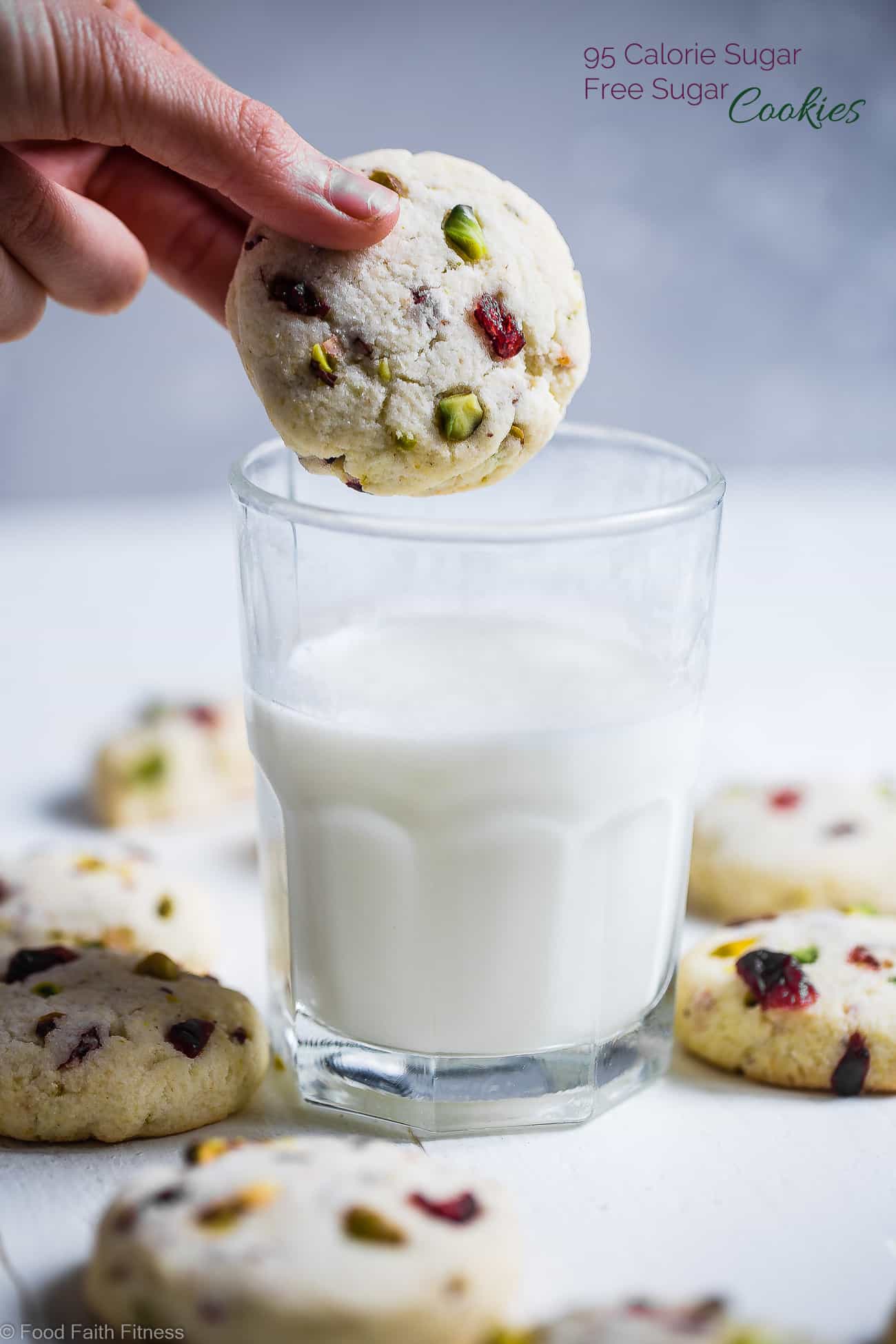 Gluten Free Sugar Free Sugar Cookies - These quick and easy, CHEWY sugar free sugar cookies have tangy and crunchy cranberries and pistachios! They're a healthier Christmas treat for only 95 calories! | #Foodfaithfitness | #Glutenfree #Sugarfree #Lowcarb #Healthy #Sugarcookies