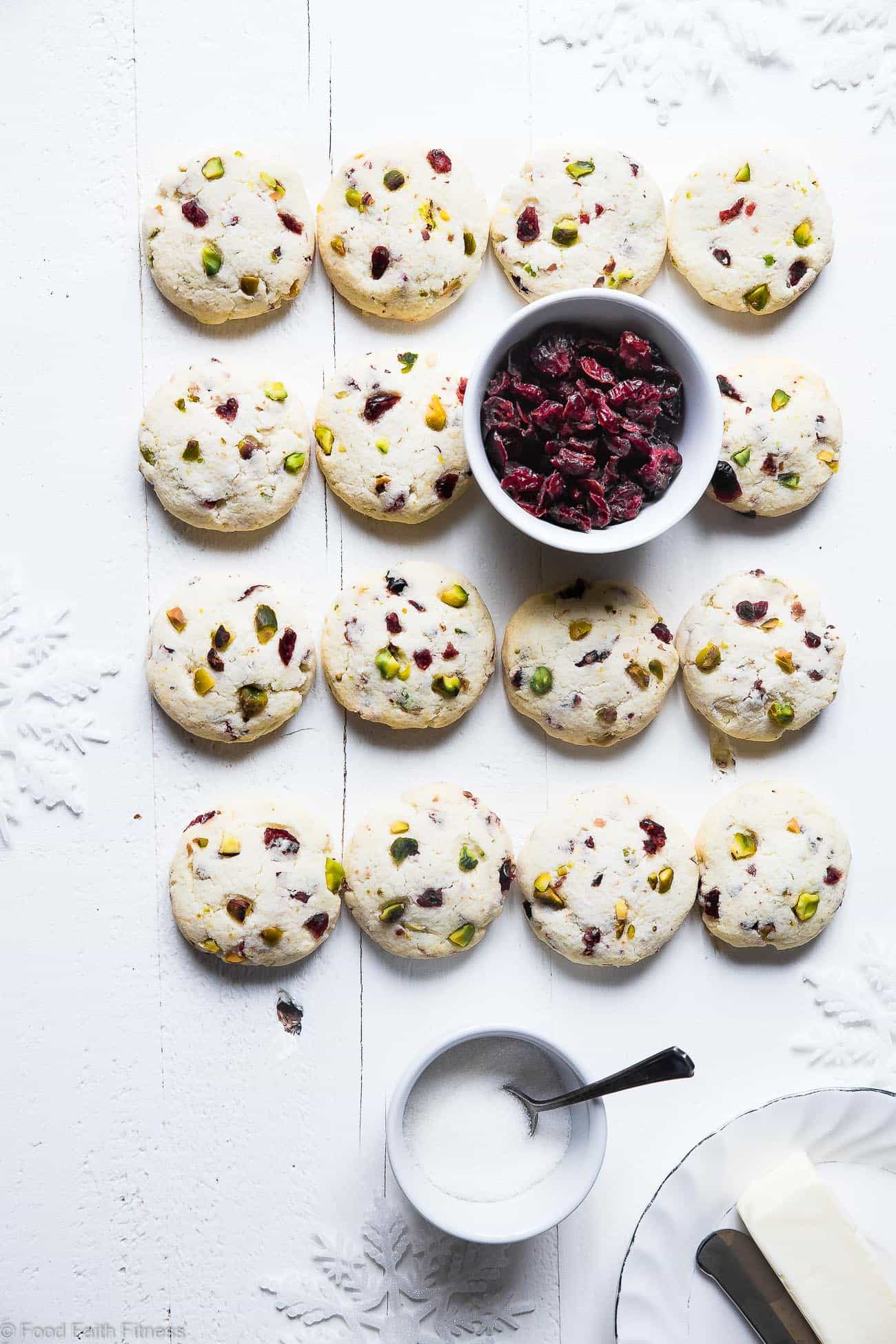 Chewy Gluten Free Sugar Free Sugar Cookies Recipe -  Need some sugar free cookie recipes? These Soft chewy sugar cookies have tangy and crunchy cranberries and pistachios! They're a healthier Christmas treat for only 95 calories! | Foodfaithfitness.com | @FoodFaithFit