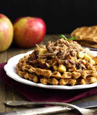 Skinnier Cornbread Waffles With Pulled Pork And Maple Apple Chutney {Whole Wheat} - Food Faith Fitness