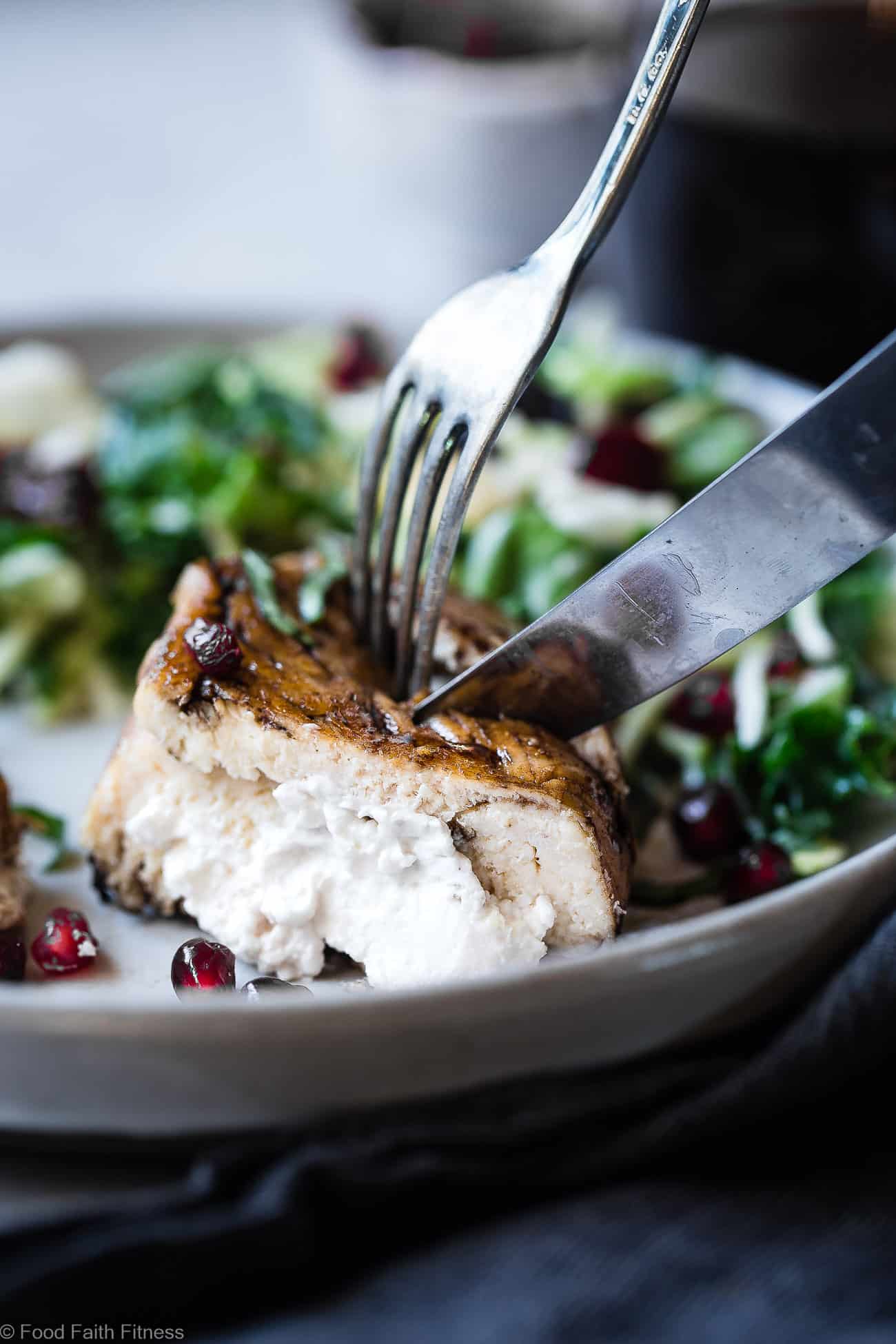 Balsamic Pomegranate Goat Cheese Stuffed Chicken - AÂ  healthy and gluten free dinner, loaded with superfoods! Both picky husbands and kids love this dinner and it feels like a fancy restaurant but is quick and easy enough for weeknights! | Foodfaithfitness.com | @FoodFaithFit