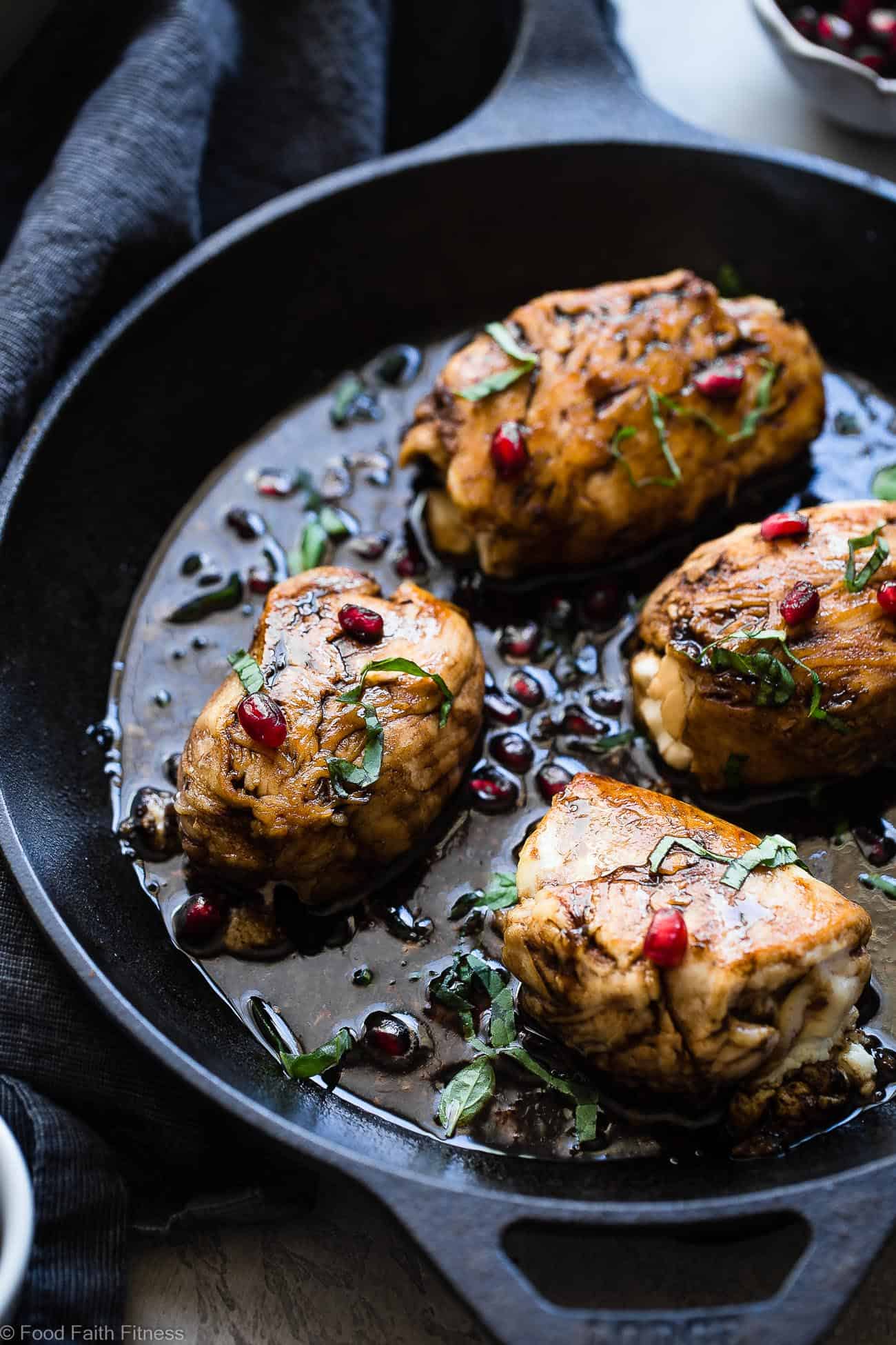 Baked Balsamic Goat Cheese Stuffed Pomegranate Chicken - This balsamic chicken breast is a healthy and gluten free dinner, loaded with superfoods! Both picky husbands and kids love this dinner and it feels like a fancy restaurant but is quick and easy enough for weeknights! | Foodfaithfitness.com | @FoodFaithFit