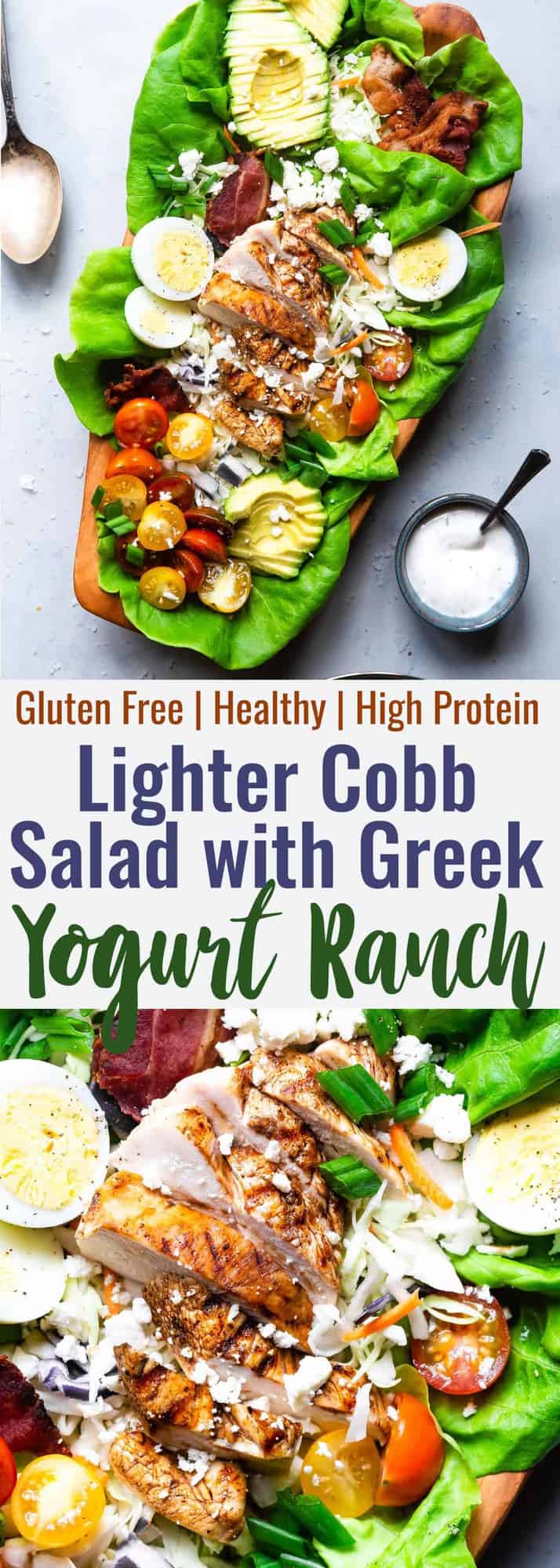 Healthy Chicken Cobb Salad Recipe - This quick, easy skinny Chicken Cobb Salad Recipe is a lighter remake that cuts over half the calories of the classic but not the taste! No one will know it's lighter, gluten free and lower carb! | #Foodfaithfitness | #Glutenfree #lowcarb #healthy #salad #grainfree