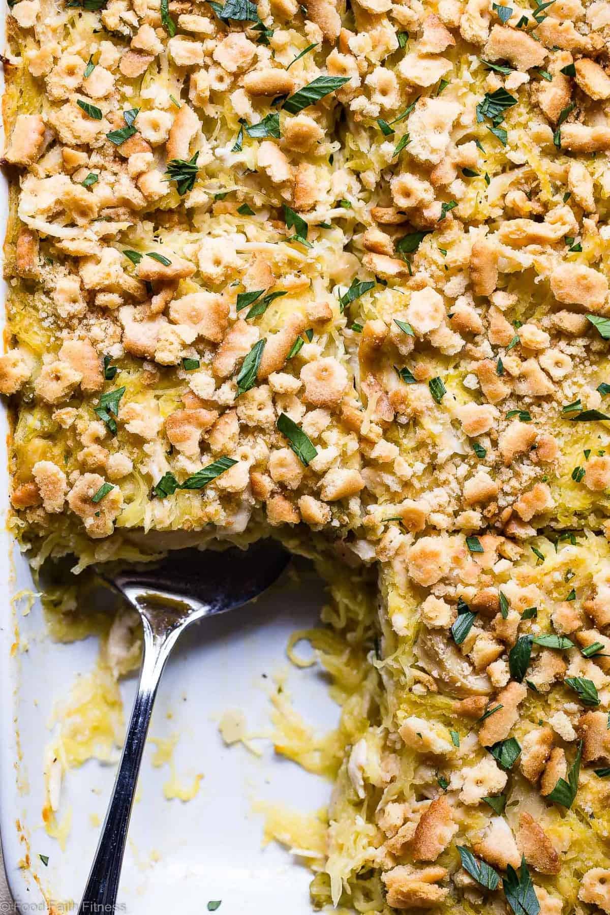 Healthy Chicken "Noodle" Spaghetti Squash Casserole -Â This Healthy Chicken Noodle Casserole uses spaghetti squash so it's gluten free and dairy free! Homemade condensed chicken soup makes it SO creamy! The best healthy comfort food! | #Foodfaithfitness | #Glutenfree #Healthy #Dairyfree #Spaghettisquash #Casserole