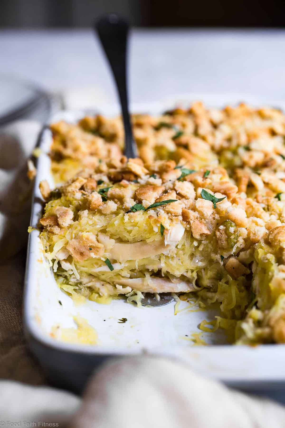 Healthy Chicken "Noodle" Spaghetti Squash Casserole - This Healthy Chicken Noodle Casserole uses spaghetti squash so it's gluten free and dairy free! Homemade condensed chicken soup makes it SO creamy! The best healthy comfort food! | #Foodfaithfitness | #Glutenfree #Healthy #Dairyfree #Spaghettisquash #Casserole