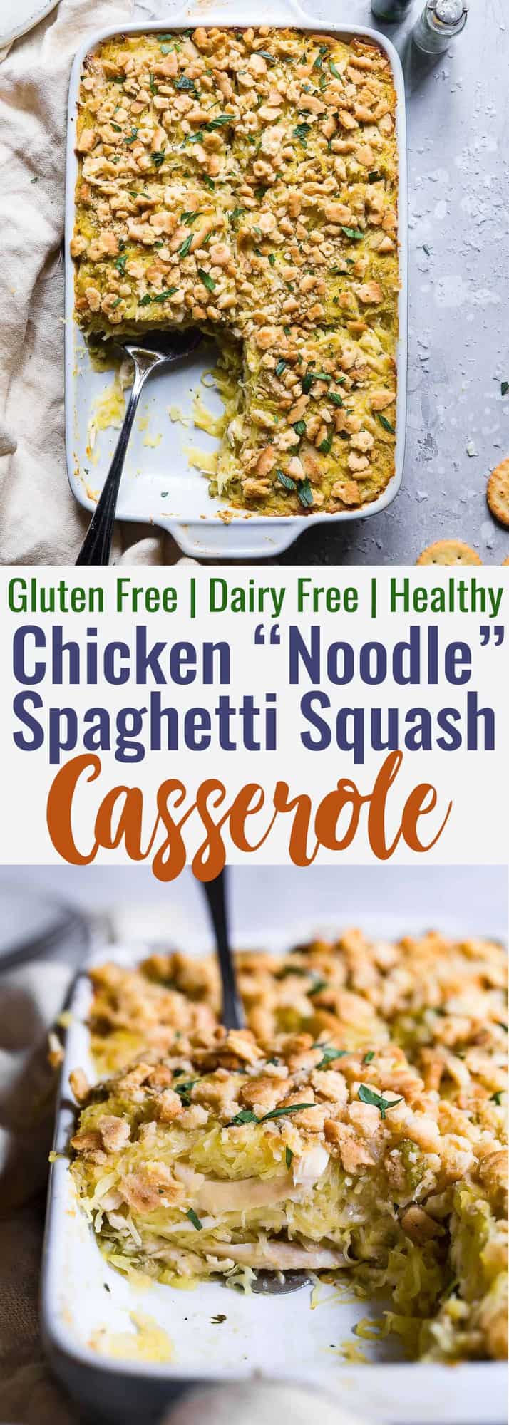 Healthy Chicken "Noodle" Spaghetti Squash Casserole - This Healthy Chicken Noodle Casserole uses spaghetti squash so it's gluten free and dairy free! Homemade condensed chicken soup makes it SO creamy! The best healthy comfort food! | #Foodfaithfitness | #Glutenfree #Healthy #Dairyfree #Spaghettisquash #Casserole