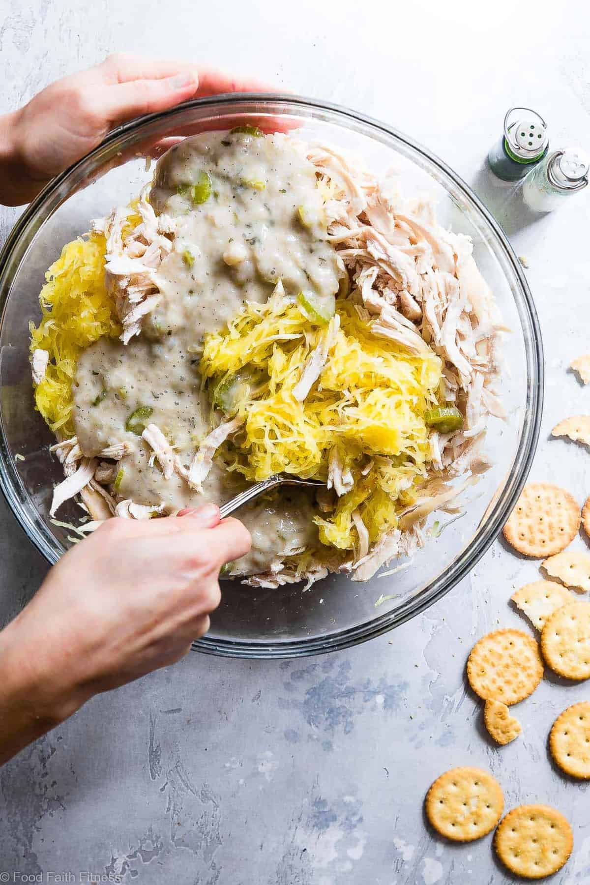 Healthy Easy Chicken Noodle Casserole - This Healthy Chicken Noodle bake uses spaghetti squash so it's gluten free and dairy free! Homemade condensed chicken soup makes it SO creamy! The best healthy comfort food! | #Foodfaithfitness | #Glutenfree #Healthy #Dairyfree #Spaghettisquash #Casserole