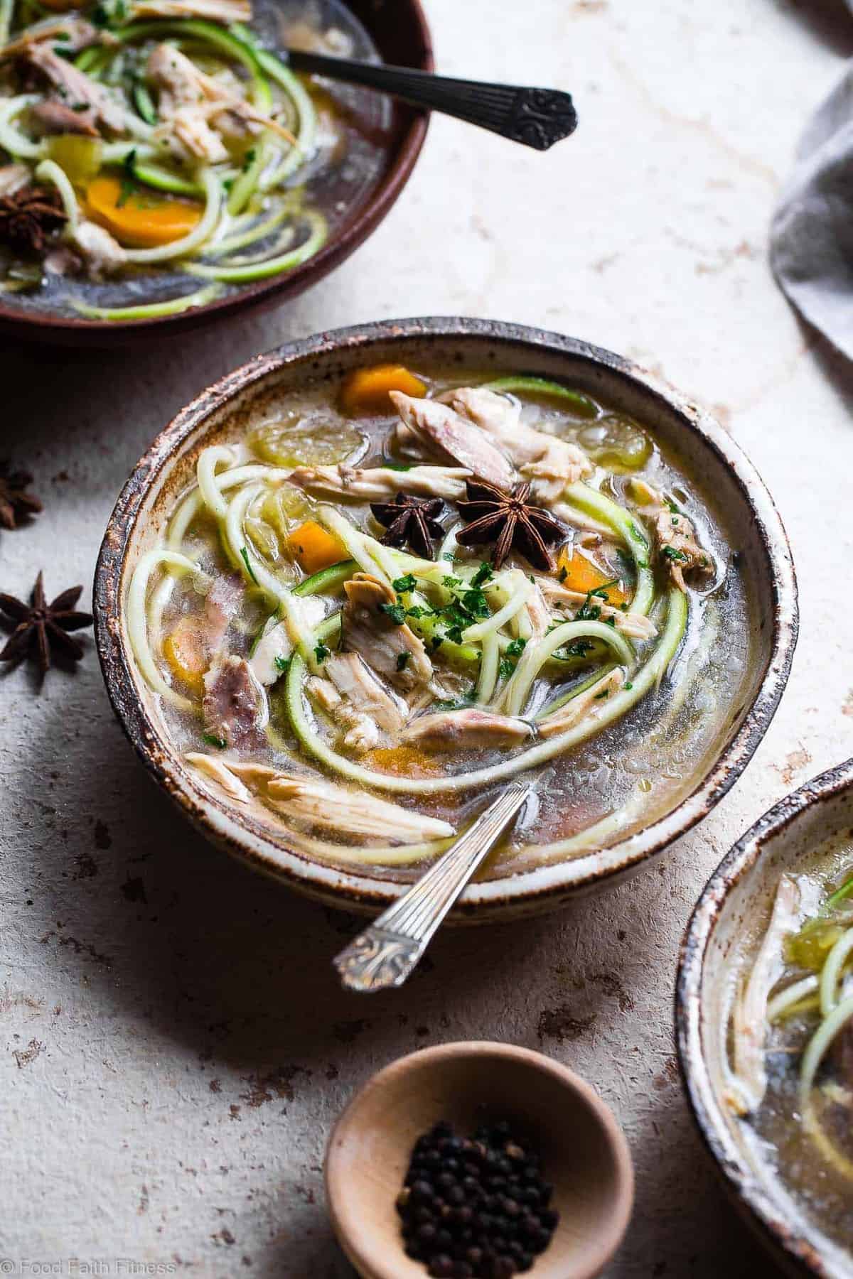 Keto Chicken Noodle Soup - This easy homemade healthy keto Chicken Zoodle Soup uses zucchini noodles so it's gluten free, low carb, paleo, whole30 AND packed with protein! You won't miss the noodles! | #Foodfaithfitness | #Glutenfree #Lowcarb #Keto #Whole30 #Paleo