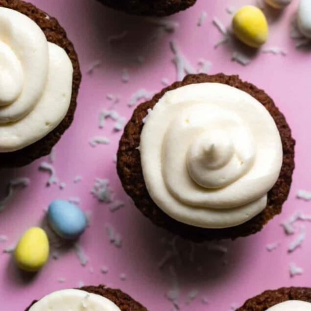 Gluten Free Grain Free Carrot Cake Cupcakes - These Gluten Free Carrot Cake Cupcakes with Coconut Flour are tender, light, moist and perfectly spicy-sweet! No one will believe they are gluten free! Dairy free option included! | #Foodfaithfitness | #Glutenfree #Dairyfree #Easter #Healthy #Cupcakes