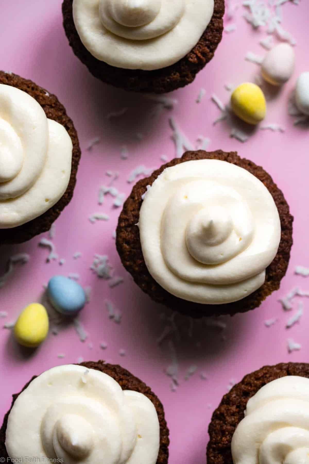 Gluten Free Grain Free Carrot Cake Cupcakes - These Gluten Free Carrot Cake Cupcakes with Coconut Flour are tender, light, moist and perfectly spicy-sweet! No one will believe they are gluten free! Dairy free option included! | #Foodfaithfitness | #Glutenfree #Dairyfree #Easter #Healthy #Cupcakes