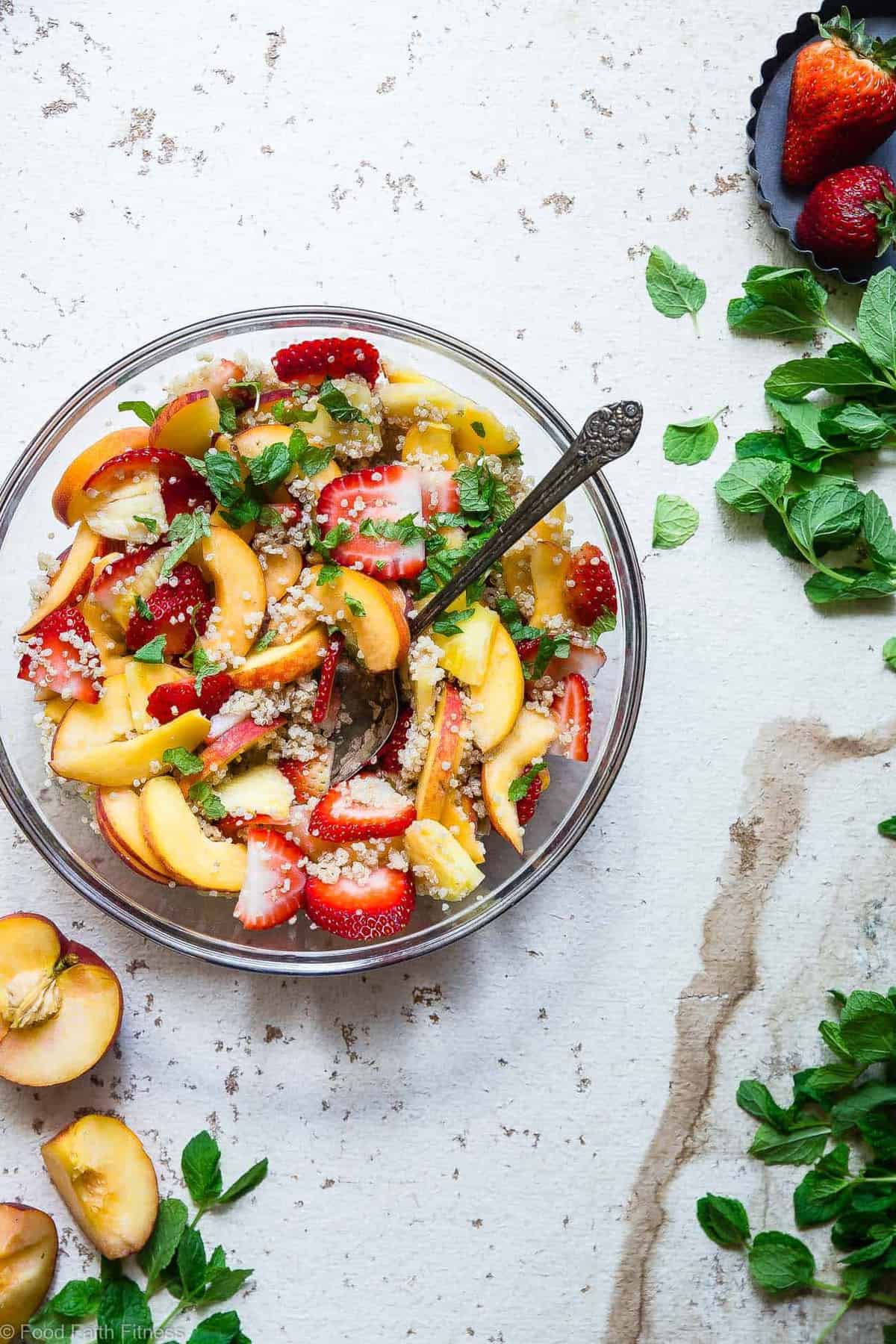 Honey Lime Quinoa Fruit Salad - This honey lime Coconut Milk Quinoa Fruit Salad is loaded with fresh, juicy fruit and a sweet and tangy dressing! The perfect healthy, gluten free and vegan side dish or brunch item for Summer! | #Foodfaithfitness | #Glutenfree #Vegan #Healthy #Dairyfree #Quinoa