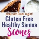 Healthy Gluten Free Samoa Scones with Greek Yogurt - These Healthy Gluten Free Scones are an easy, better for you breakfast that tastes like a scone and a Samoa cookie had a baby! Dairy free option included! | #Foodfaithfitness | #Glutenfree #Dairyfree #Healthy #Scones #Breakfast