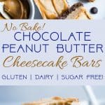 Dairy and Gluten Free No Bake Peanut Butter Cheesecake Bars - A super easy dessert with a yummy, crunchy chocolate rice krispie crust. You'd never know that they are gluten free, dairy free and made with better for you ingredients! | #Foodfaithfitness | #GlutenFree #DairyFree #Healthy #Peanutbutter #NoBake