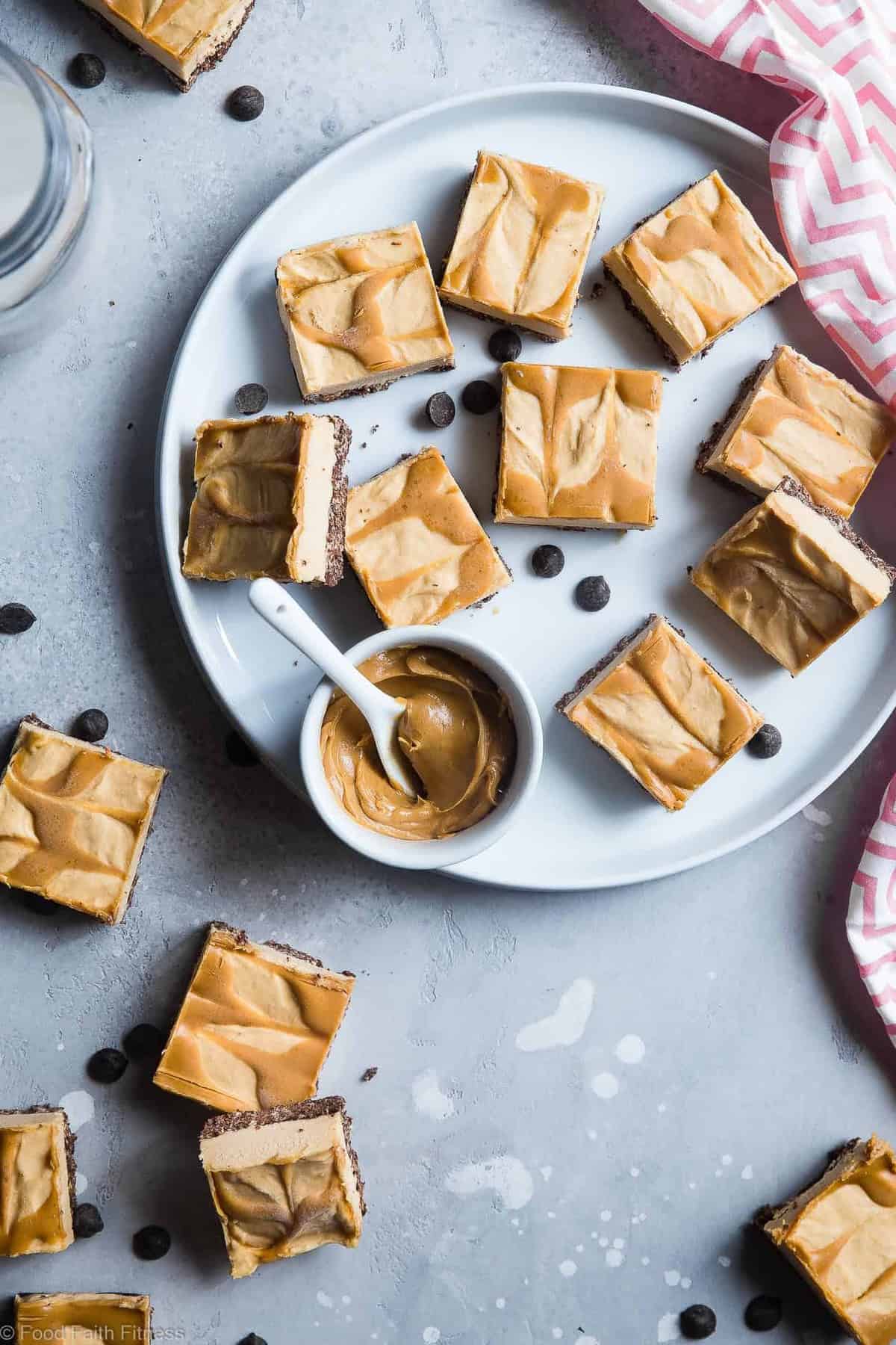 Dairy and Gluten Free No Bake Peanut Butter Cheesecake Bars - A super easy dessert with a yummy, crunchy chocolate rice krispie crust. You'd never know that they are gluten free, dairy free and made with better for you ingredients! | #Foodfaithfitness | #GlutenFree #DairyFree #Healthy #Peanutbutter #NoBake