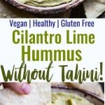 Cilantro Lime Hummus - This spicy, ADDICTING homemade hummus recipe doesn't use tahini so it's SO easy to make! Perfect for snacks, or spreading on a sandwich and gluten free, vegan and healthy too! | #Foodfaithfitness | #Vegan #Glutenfree #Healthy #Dairyfree #Hummus