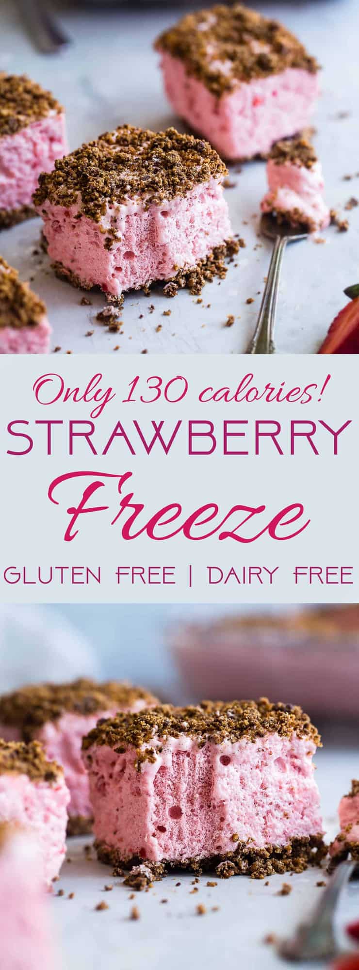 Strawberry Freeze - A low calorie, quick and easy, gluten free healthy Frozen Strawberry Dessert Recipe with a crunchy, pecan crumble! Always a hit with kids and adults and everyone always wants the recipe! | #Foodfaithfitness | #Glutenfree #Dairyfree #Healthy #Strawberries #Dessert