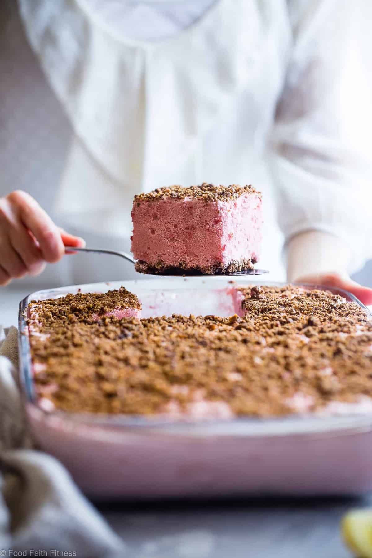 Strawberry Freeze - Looking for some healthy dessert recipes? This is a low calorie, quick and easy, gluten free healthy Frozen Strawberry Dessert Recipe with a crunchy, pecan crumble! Always a hit with kids and adults and everyone always wants the recipe! | #Foodfaithfitness | #Glutenfree #Dairyfree #Healthy #Strawberries #Dessert