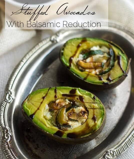 Zucchini and Goat Cheese Stuffed Balsamic Avocados - A quick, easy and healthy snack! - Food Faith Fitness | #healthysnack #avocado #glutenfree
