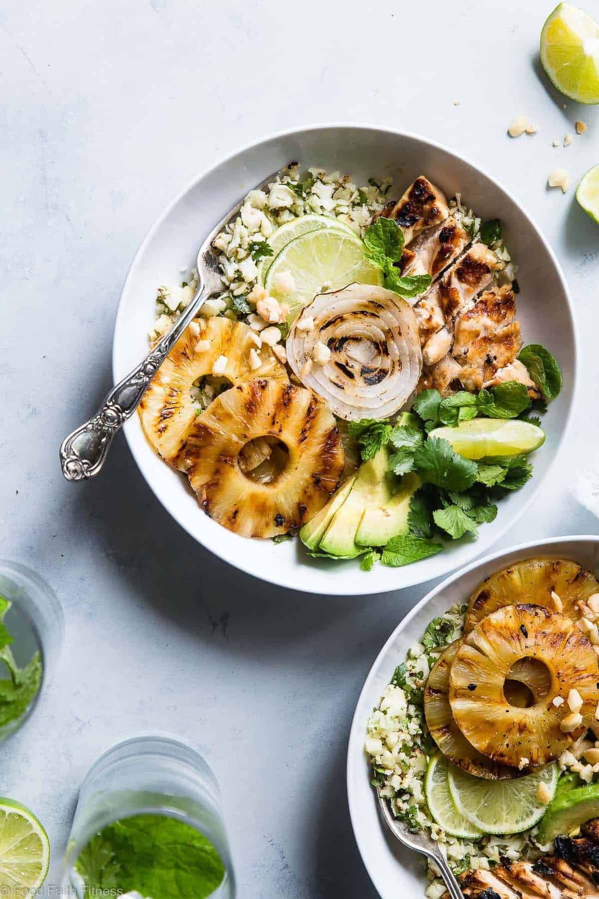  Grilled Tropical Chicken Bowls - These paleo and whole30 compliant Grilled Tropical Chicken bowls are an easy, healthy and gluten free weeknight dinner loaded with sweet and tangy island flavors! Sure to be a crowd pleaser! | #Foodfaithfitness | #Paleo #Whole30 #Glutenfree #Healthy #Chickendinner