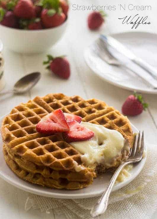 Whole Wheat Strawberries N' Cream Waffles - THE BEST waffles you will EVER eat - Food Faith Fitness | #breakfast #waffles #recipe