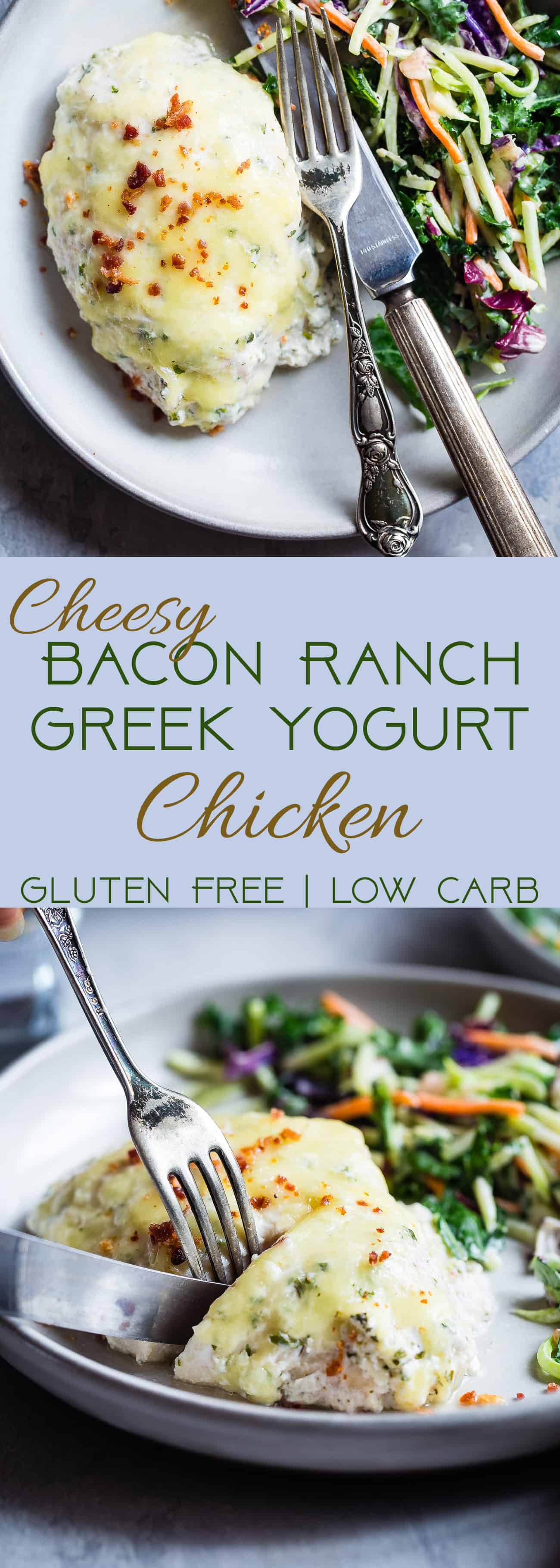 Cheesy Bacon Ranch Baked Greek Yogurt Chicken - A protein PACKED, super easy weeknight dinner that the whole family will love! It's healthy, gluten free, low carb and keto friendly too! | #Foodfaithfitness | #glutenfree #kidfriendly #keto #lowcarb