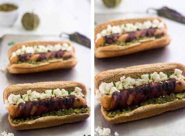 Healthy Bacon Wrapped Hot Dog with Salsa Verde and Queso Fresco | Food Faith Fitness| #July4th #hotdog #recipe