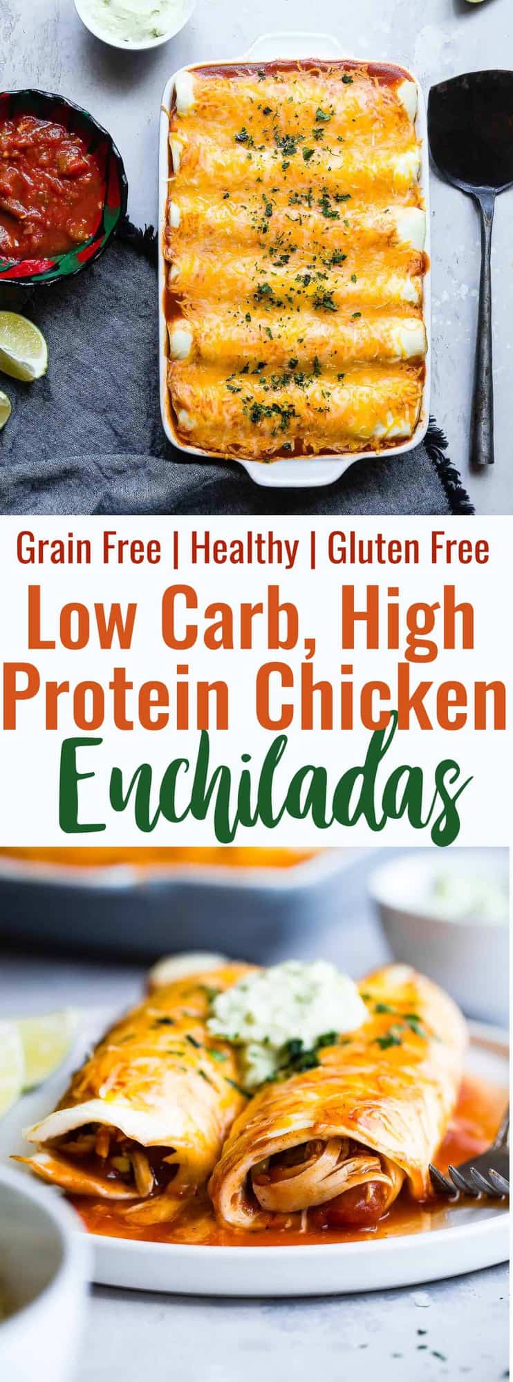 Healthy Low Carb Chicken Enchiladas - This gluten free Healthy Low Carb Chicken Enchilada Recipe uses a secret ingredient to make it low carb, protein PACKED and under 500 calories for a HUGE serving! These do NOT taste healthy and even picky eaters love them! | #Foodfaithfitness | #Lowcarb #Glutenfree #Healthy #Grainfree #Enchiladas 