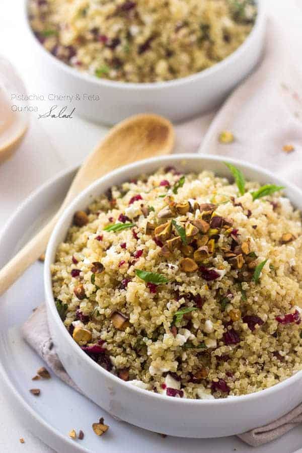 Pistachio Cherry And Feta Quinoa Salad - Crunchy, sweet and tangy this is SO easy and delicious! |www.foodfaithfitness.com| #Recipe #Quinoa #Salad