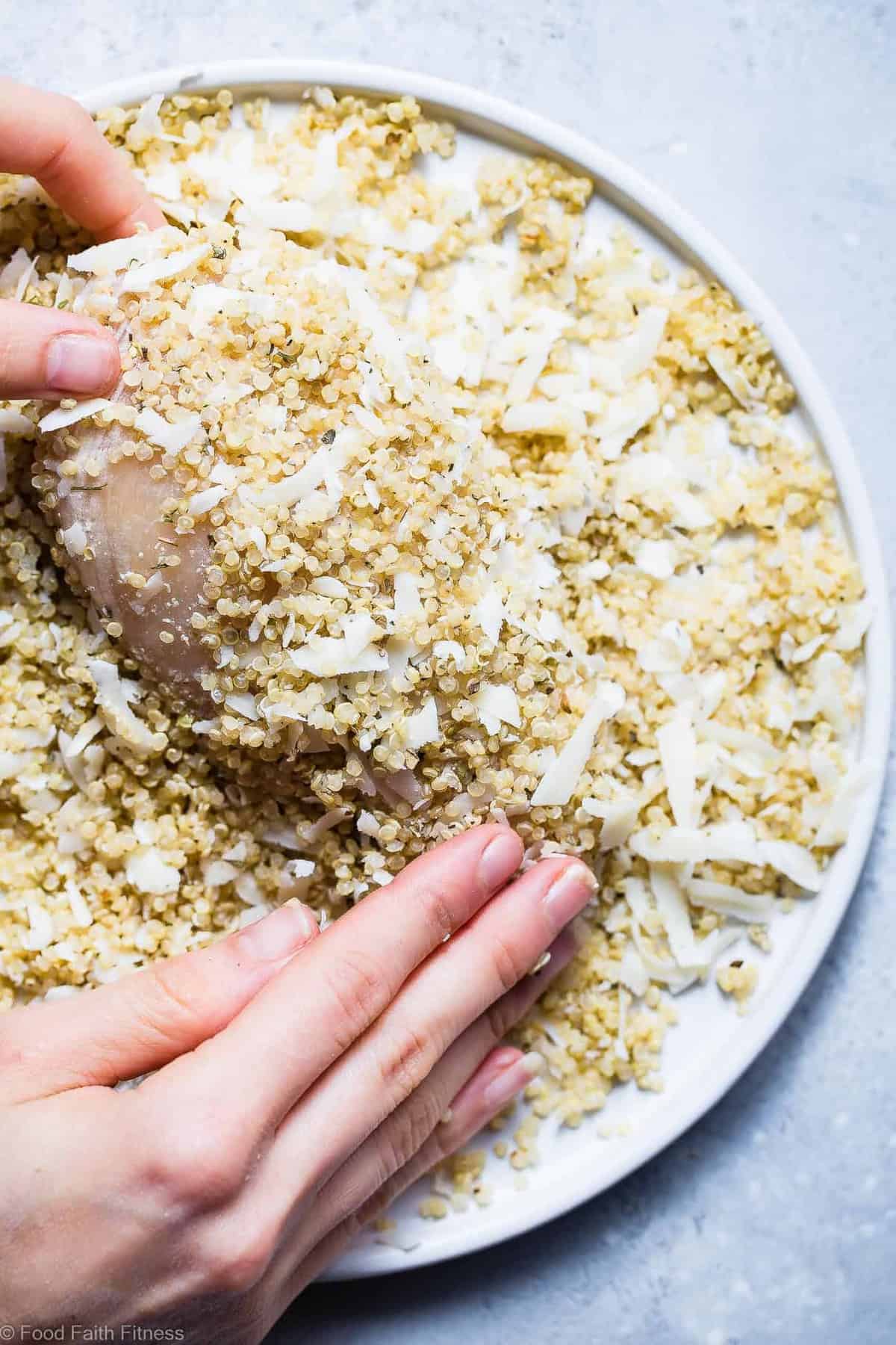 Goat Cheese Quinoa Crusted Chicken - A quick, healthy and gluten free dinner that feels fancy, but is so easy!  A perfect meal for busy weeknights that both kids and adults will love! | #Foodfaithfitness | #Glutenfree #Healthy #Cleaneating #Quinoa #Chickenrecipes