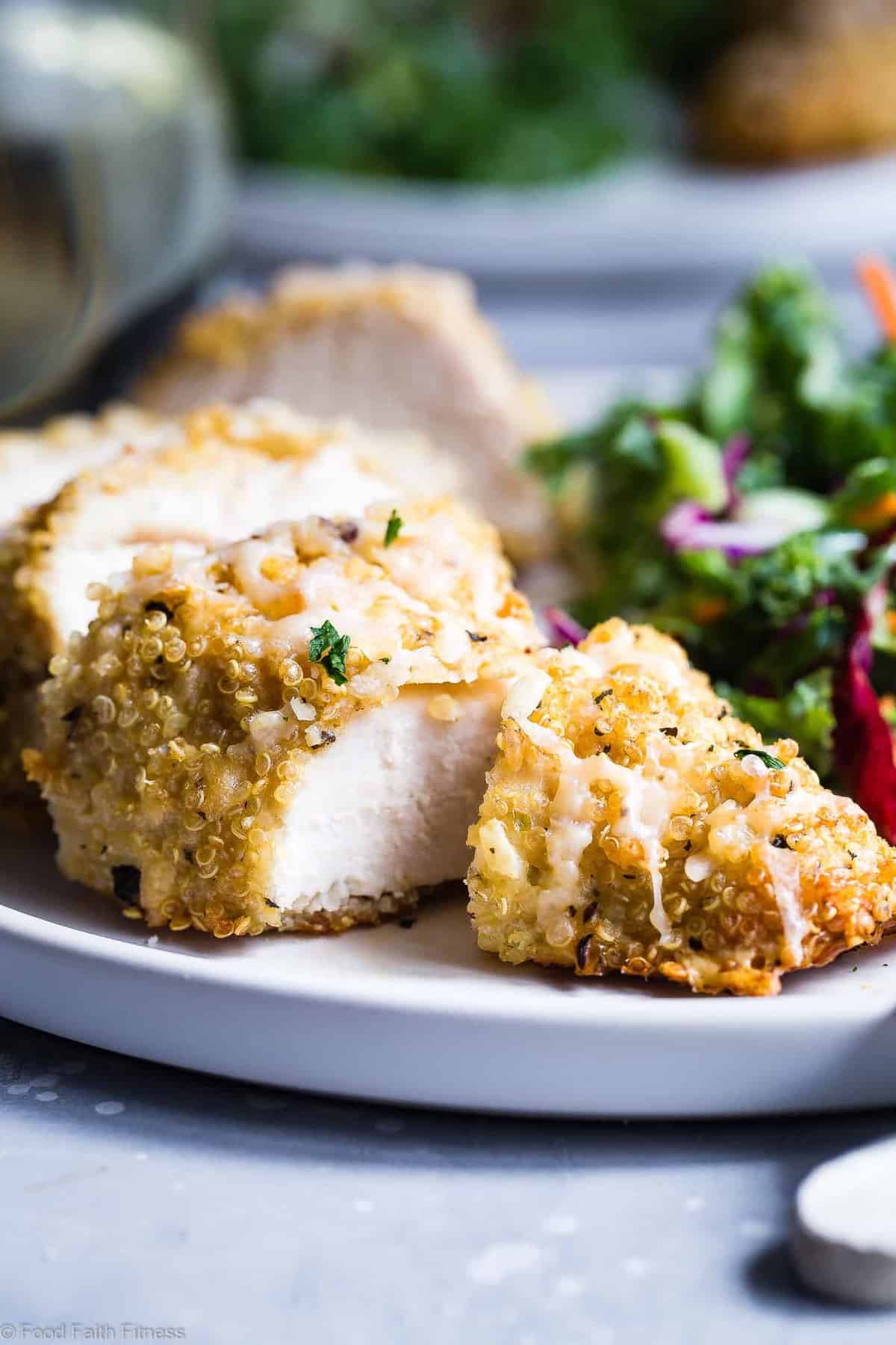 Goat Cheese Quinoa Crusted Chicken - A quick, healthy and gluten free dinner that feels fancy, but is so easy!  A perfect meal for busy weeknights that both kids and adults will love! | #Foodfaithfitness | #Glutenfree #Healthy #Cleaneating #Quinoa #Chickenrecipes