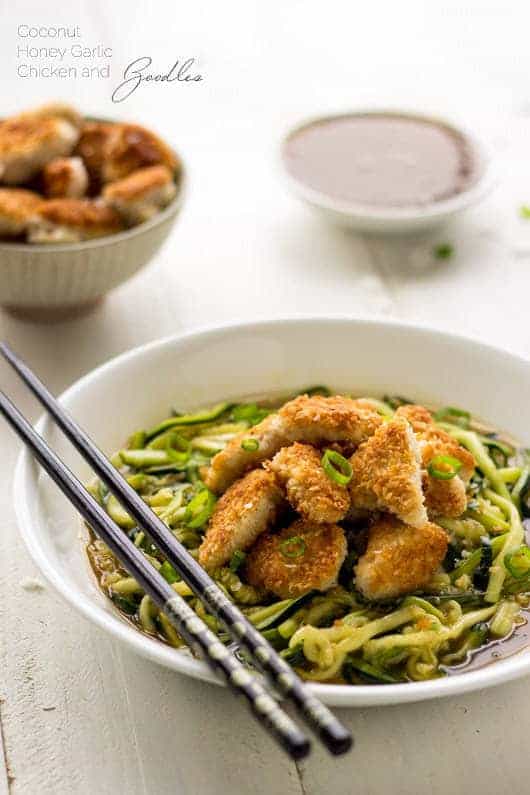 Coconut Honey Garlic Chicken and Zoodles - Crispy, Crunchy and Healthy! | Foodfaithfitness.com | #recipe #chicken #zucchininoodles